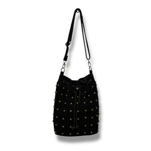 Black Suede‎ Bucket Bag Studded Gold Tone Accents Drawstring Shoulder Bag